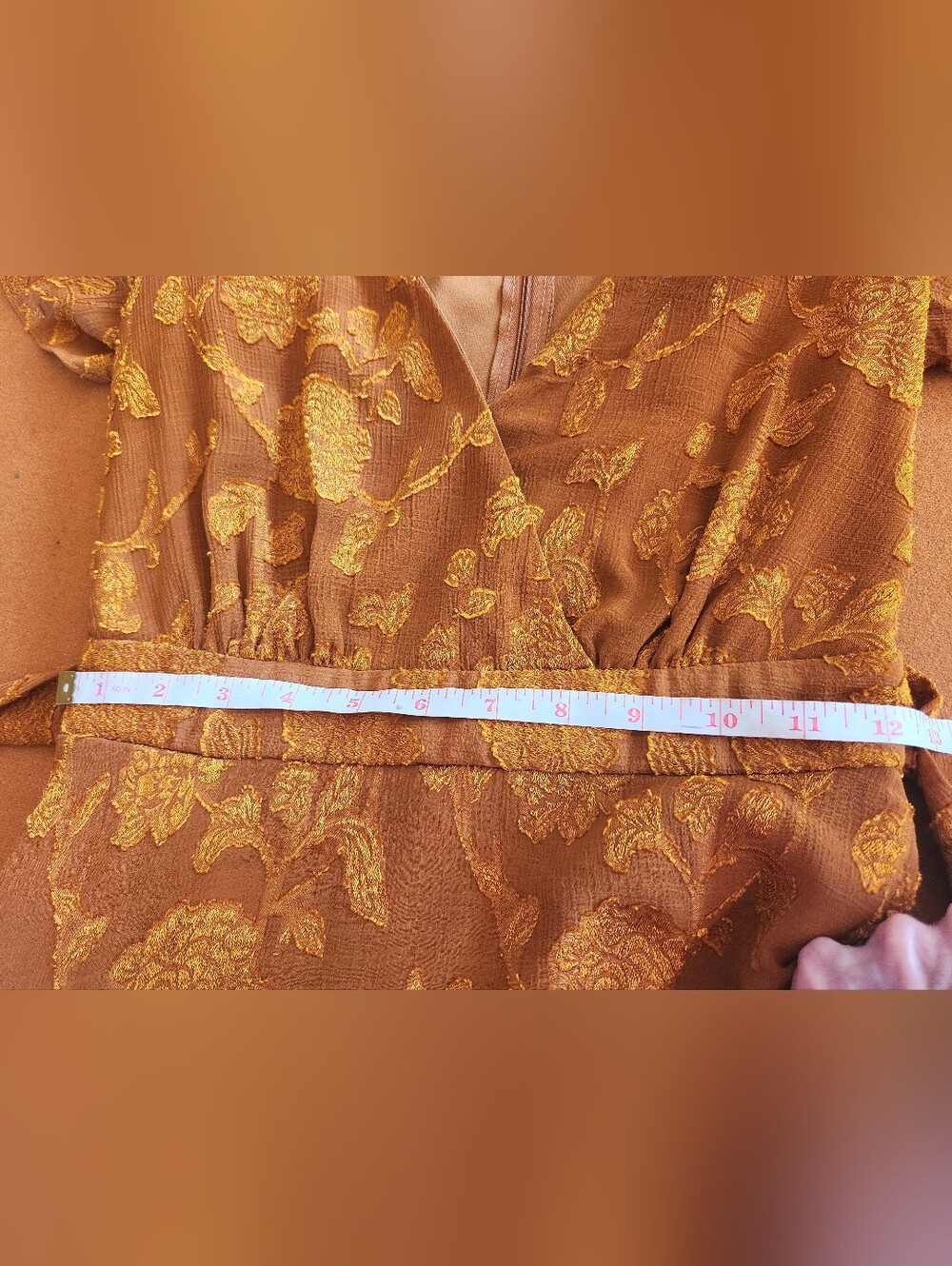 ALLISON & KELLY Copper MUSTARD Rust Floral Wrap Romper Mini SS TIE Zip Dress XSP - Picture 10 of 16